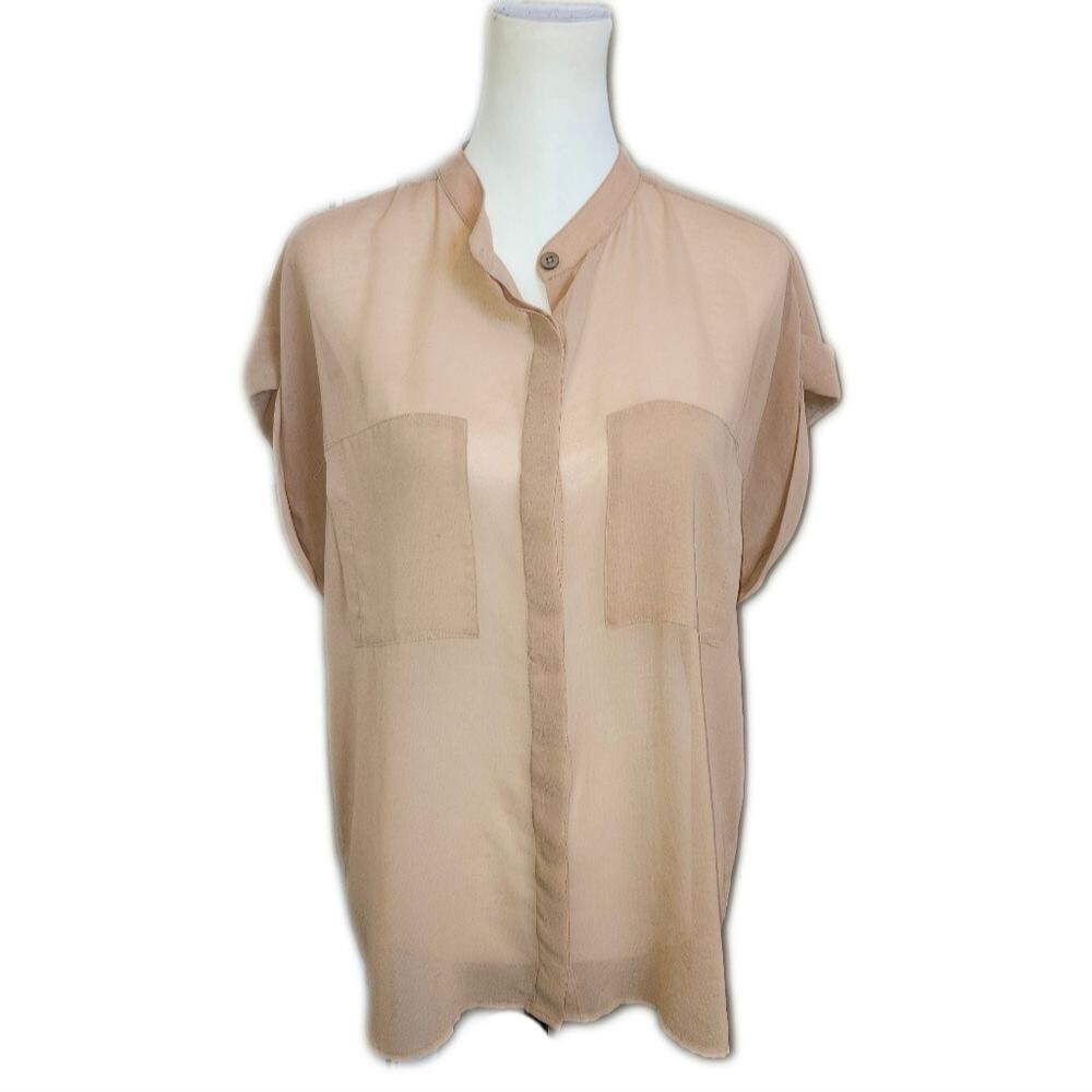 CAbi Style #970 Sheer Taupe Peach Short Rolled Sleeve Blouse, M